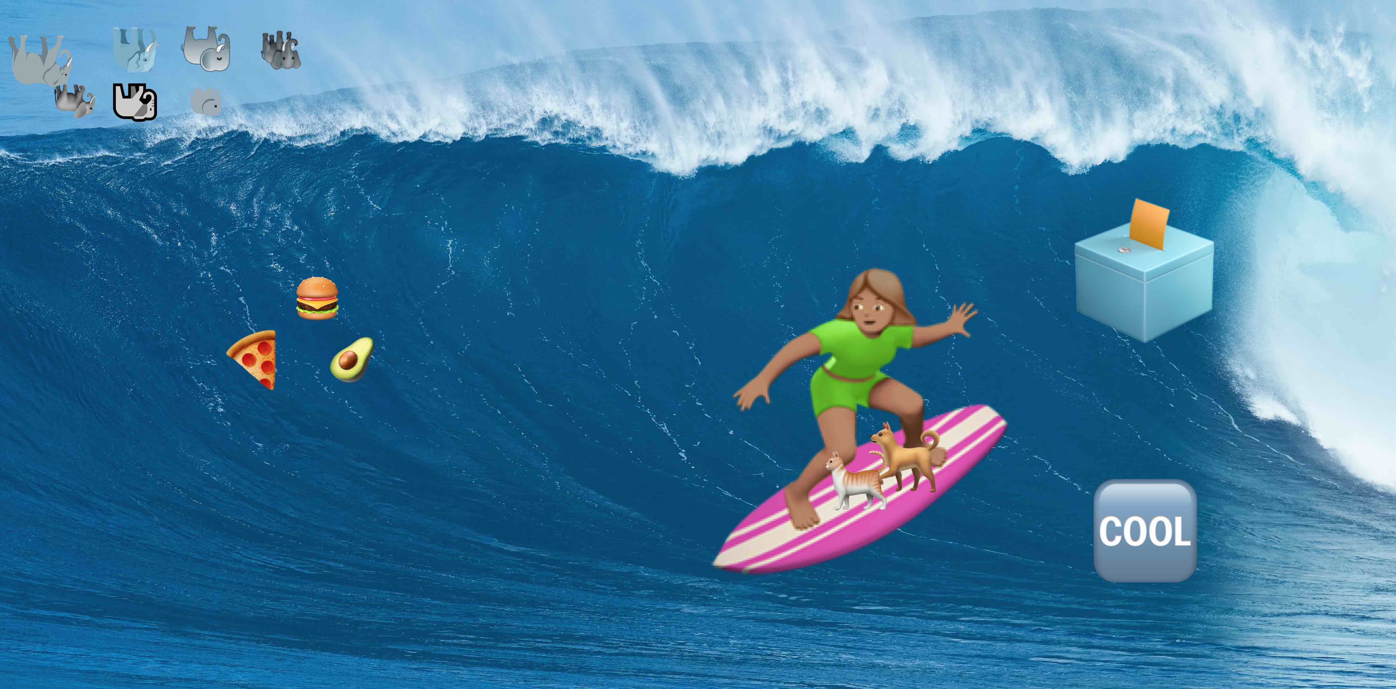 A woman, a cat, and a dog ride a surfboard on a large wave. To their left on the wave are the ballot box and "COOL" emojis. To their right on the wave are the avocado, hamburger, and pizza emojis. Behind the wave, flipped upsidedown, are several elephants.